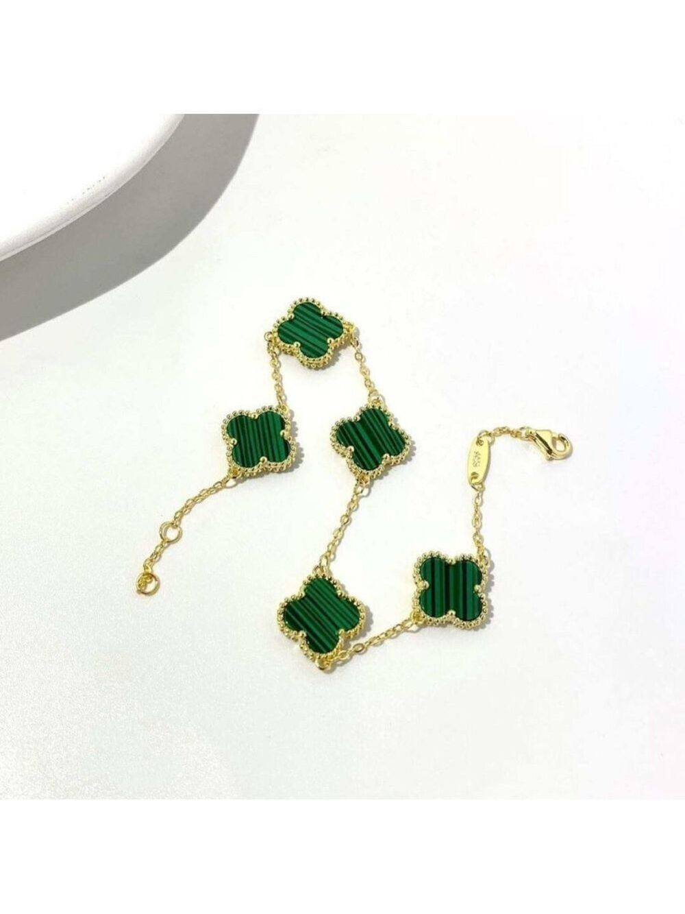 Malachite 18k YG plated Silver Clover bracelet - Picture 2 of 4